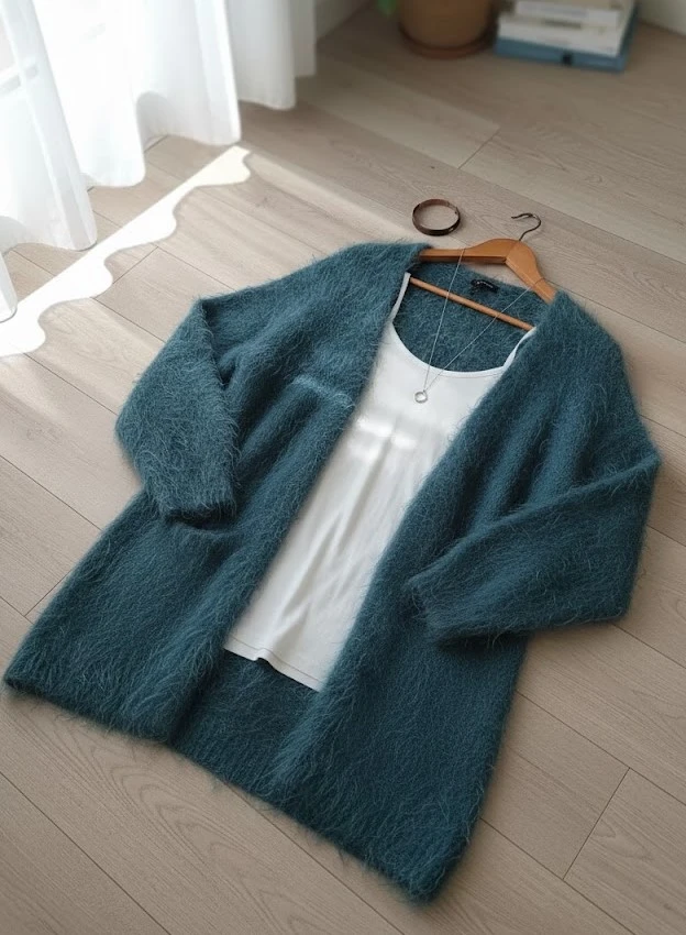 Gilet long bleu canard en maille poilue (effet angora)